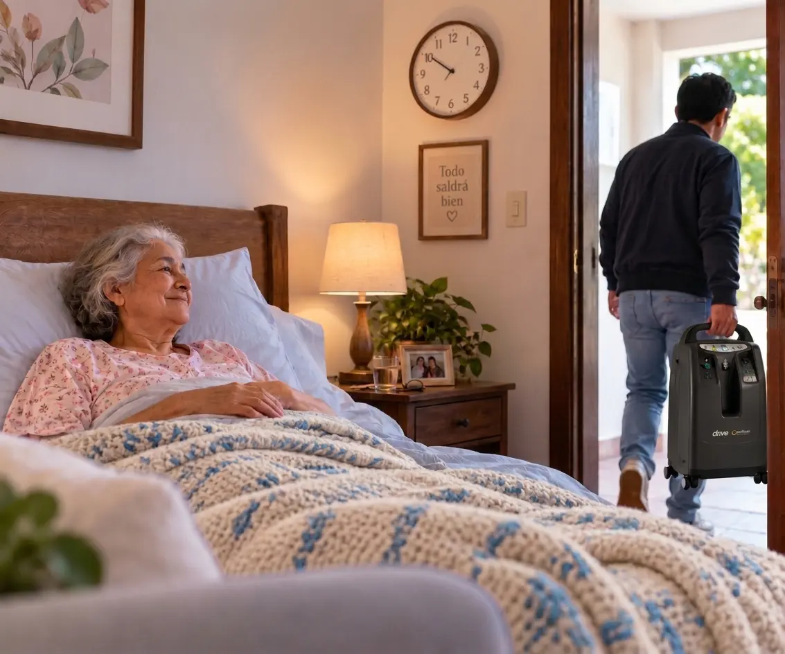 La paciente se muestra tranquila porque sabe que su concentrador será reparado rápidamente en SPA MEDICAL